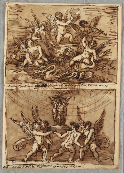 Putti em uma carruagem com golfinhos e cisnes de Felice Giani