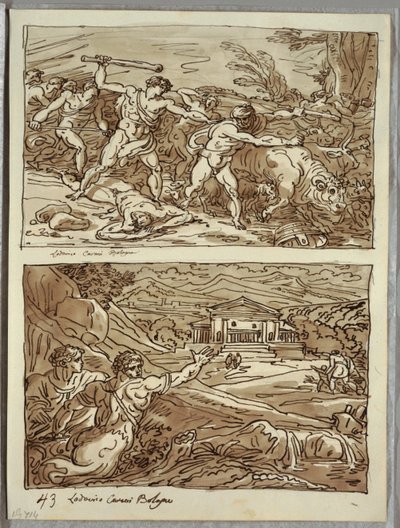 Remus Afasta e Mata os Ladrões dos Rebanhos; Santuário para os fugitivos no Campidoglio, dois estudos depois de Carracci de Felice Giani