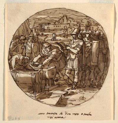 Recuperação de livros do túmulo de Numa, Salão de Numa Pompilius, Palazzo Milzetti, Faenza de Felice Giani