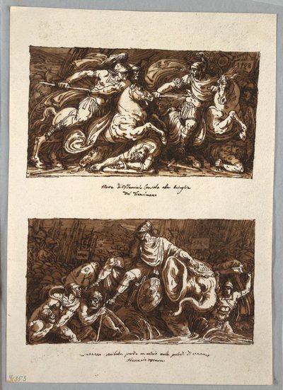Página do Sketchbook: Morte de Flaminius na Batalha de Trasimeno; Annabelle perde um olho nos pântanos de Fiano, Toscana de Felice Giani