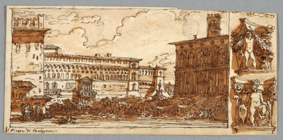 Página do Sketchbook, Folio 57: Estudo depois da Piazza Emmanuelle em Bolonha; Verso, detalhe arquitetônico de Felice Giani
