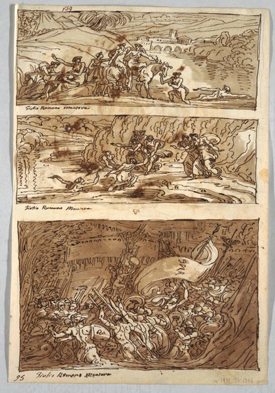 Página do caderno de esboços, Fólio 95: Três pinturas segundo Giulio Romano; Verso: Leão e Águia de Felice Giani