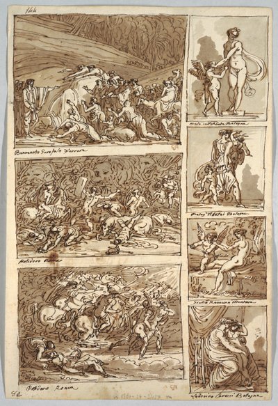 Página Sketchbook: Estudos após Pinturas em Ferrara, Roma, Bolonha, Mântua após Artistas Tibaldi, Raphael, Andrea del Sarto e Polidoro; Verso: Esqueleto de Pássaro e Cabeça de Cavalo de Felice Giani
