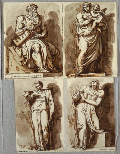 Estudos após quatro estátuas no túmulo de Júlio II, após Michelangelo: Moisés; Madona e Criança; Lia, Virtude; Raquel, Religião de Felice Giani