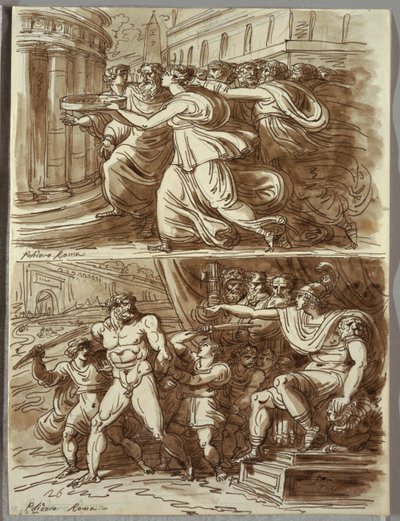 A Vestal Tuccia Carrega Água na Peneira; Dois estudos após Polidoro da Caravaggio de Felice Giani