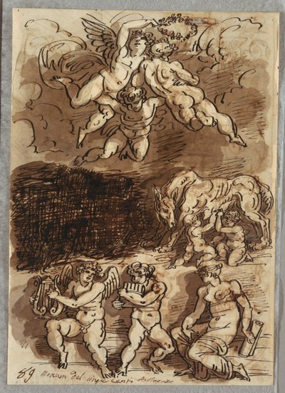 Três Putti com Guirlanda; Rômulo e Remo amamentando de She-Wolf; Dois Putti Tocando Pratos de Felice Giani