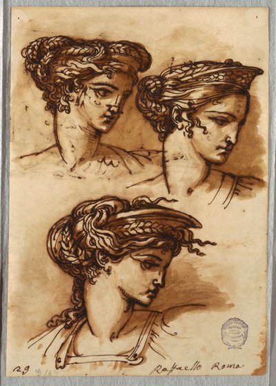 Três estudos de uma cabeça com diadema e cabelo trançado, segundo Rafael de Felice Giani