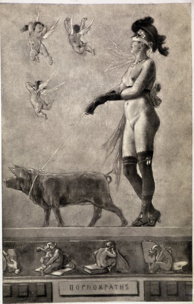 Pornokrates (Mulher nua, tiras de olhos, rodeada de anjos e segurando um porco numa trela) - desenho de Felicien Rops (1833-1898) de Félicien Rops