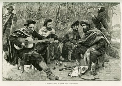Um pagador, duelo em verso de cantores ambulantes. Gravura de Myrbach, para ilustrar a história Voyage a la Plata, em 1886, de Emile Daireaux, em le tour du monde 1888, dirigido por Edouard Charton (1807-1890), Hachette, Paris. de Felicien baron de Myrbach-Rheinfeld