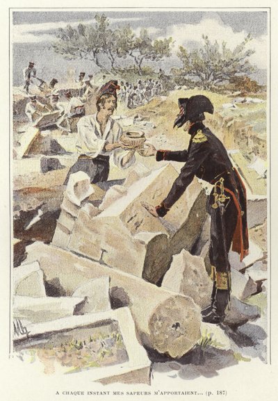 Um soldado passando uma panela para outro soldado entre as ruínas de Nicopolis de Felicien baron de Myrbach-Rheinfeld