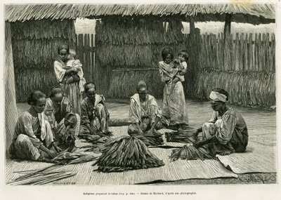 Indígenas que fazem tabaco. Gravado por Myrbach para ilustrar a história Lucon e Palaouan, seis anos nas Filipinas, por Alfred Marche (1844-1898), em le tour du monde 1886, dirigido por Edouard Charton (1807-1890), Hachette, Paris. de Felicien baron de Myrbach-Rheinfeld