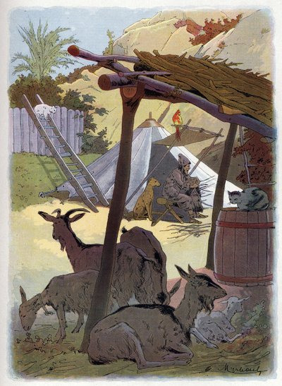 Robinson Crusoe em casa com os seus animais. de Felicien baron de Myrbach-Rheinfeld