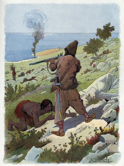 Robinson Crusoe mata os selvagens que perseguem na sexta-feira. de Felicien baron de Myrbach-Rheinfeld