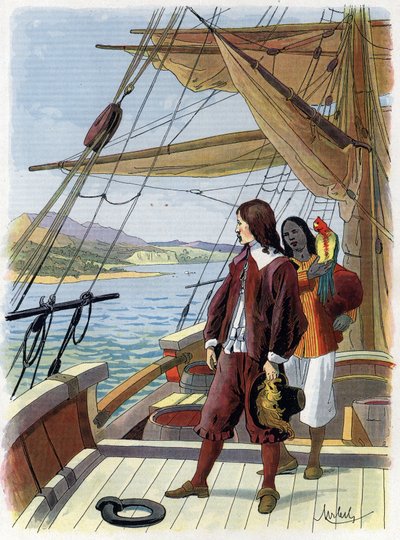 Robinson Crusoé deixa sua ilha - Ilustração de Feliciano MYRBACH MYRBACH RHEINFELD (1853-1940) Para o Livro de Daniel Defoe (De foe) Robinson Crusoé. Sem data. Por volta de 1934 de Felicien baron de Myrbach-Rheinfeld