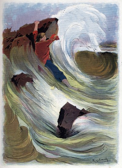 Robinson Crusoe consegue agarrar-se a uma pedra. de Felicien baron de Myrbach-Rheinfeld