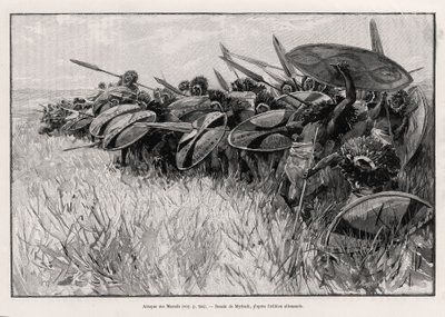O ataque Massais. Gravado por Myrbach para ilustrar a história "Au secours d