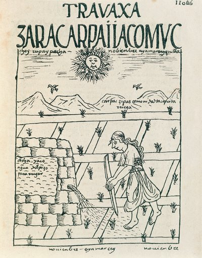 Um camponês irrigando seu campo em novembro (Desenho a tinta de Felipe Huaman Poma de Ayala