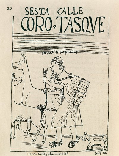 Um jovem a pastorear lhamas e a apanhar madeira (Desenho a tinta de Felipe Huaman Poma de Ayala