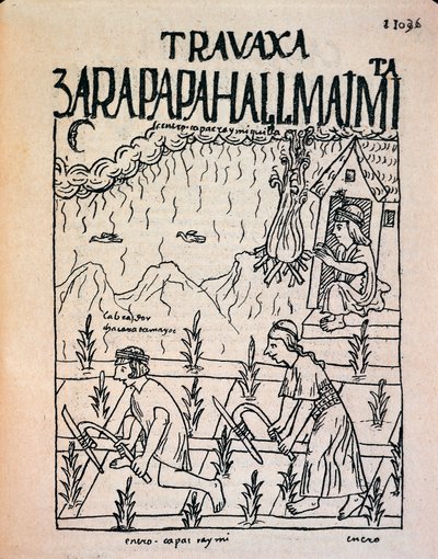Um casal Inca Hatun Runa trabalhando nos campos em janeiro (Desenho de tinta de Felipe Huaman Poma de Ayala