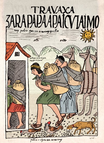 Império Inca: Camponeses incas trabalhando no campo em julho - Desenho de tinta do manuscrito de Don Felipe Puma de Ayala "Nueva coronica y buen gobierno" ilustrando a vida dos incas, cerca de 1587 Lima, Museo Nacional de Antropologia, Arqueologia e Histor de Felipe Huaman Poma de Ayala