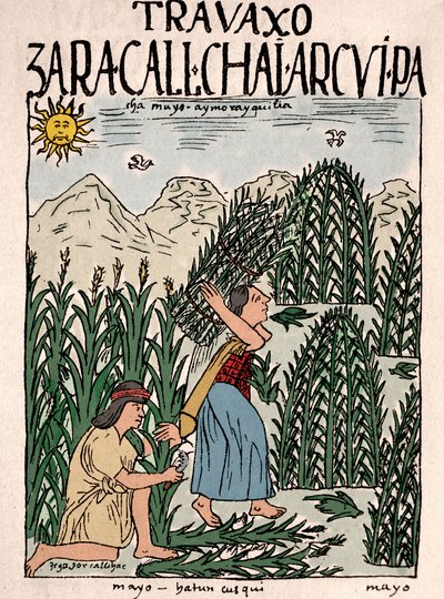 Império Inca: Camponeses incas trabalhando no campo em maio - Desenho de tinta do manuscrito de Don Felipe Puma de Ayala "Nueva coronica y buen gobierno" ilustrando a vida dos incas, cerca de 1587 Lima, Museo Nacional de Antropologia, Arqueologia e Histori de Felipe Huaman Poma de Ayala