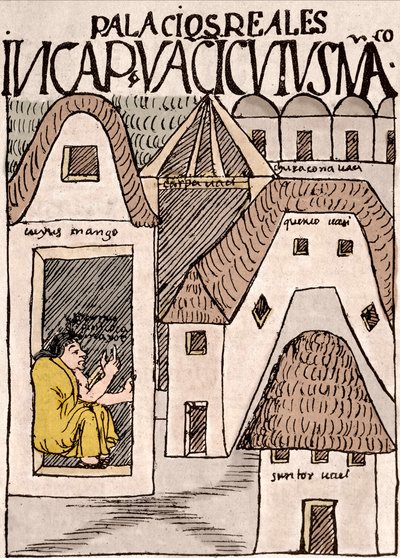 Império Inca: Templos e Palácios em Cuzco, Peru - Desenho com tinta do manuscrito "Nueva coronica y buen gobierno" de Don Felipe Puma de Ayala ilustrando a vida dos Incas, cerca de 1587 Lima, Museo Nacional de Antropologia, Arqueologia e Historia de de Felipe Huaman Poma de Ayala