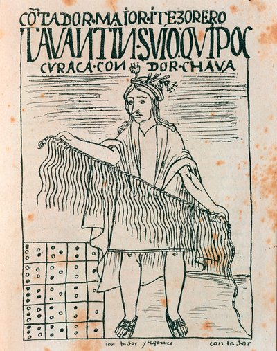 Inca homem segurando um quipu: sistema de contabilidade usando cordas e nós (Desenho a tinta de Felipe Huaman Poma de Ayala