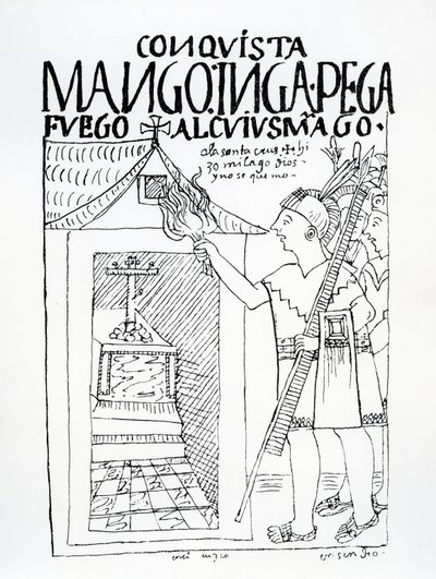 Manco Inca tenta queimar o palácio Inca de Cuyus Mango, que havia sido convertido para o culto cristão, mas Deus intervém (xilogravura) de Felipe Huaman Poma de Ayala