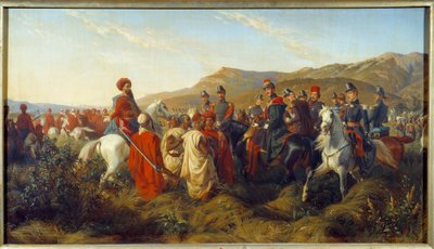 Conquete da Argélia (1830-1847): Episódio da campanha da Argélia em 1840 - o Duque de Orleans Ferdinand Philippe (Ferdinand-Philippe) (1810-1842), filho do Rei Louis Philippe (Louis-Philippe) 1º, concede liberdade a dois prisioneiros árabes perto do campo  de Felix (after) Philippoteaux