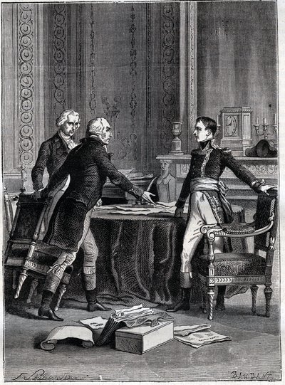 Primeira deliberação dos três cônsules em Peer-Luxemburgo - Napoleão Bonaparte, Emmanuel Joseph Sieyes e Pierre Roger-Ducos 1799 - Gravura de Barbant, depois de Philippoteaux - Primeiro Consulado, 24 Frimaire VIII (15 de dezembro de 1799), primeira reunião de Felix (after) Philippoteaux