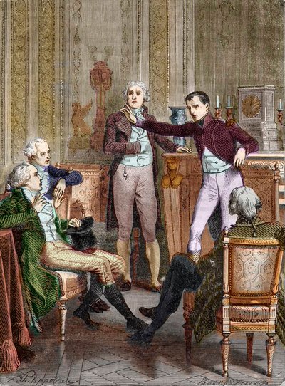 O Primeiro Cônsul Bonaparte falando com o matemático Gaspard Monge - Discussão entre Bonaparte, Primeiro Cônsul, e Gaspard Monge (1746-1818) gravada por Felix Philippoteaux (1815-1884). de Felix (after) Philippoteaux