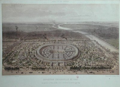 Vista Geral da Exposição Universal em Paris em 1867, tirada do Portão Rapp (cor litho) de Felix Benoist