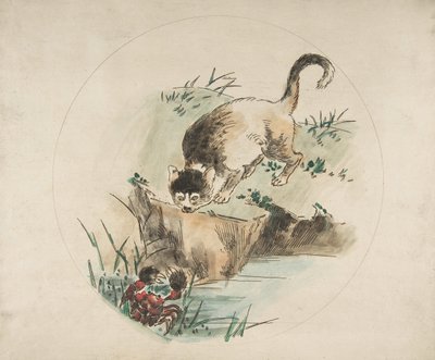 Decoração para um prato: um gato caçando um caranguejo, 1850-1914. de Felix Bracquemond
