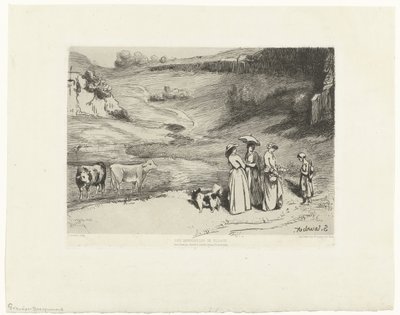 Jovens mulheres dão dinheiro às pastoras em paisagens montanhosas
Les demoiselles du villages (título sobre o objecto) de Felix Bracquemond