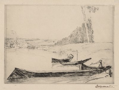 Pequenas balsas às margens do rio Sena, c. 1858 de Felix Bracquemond