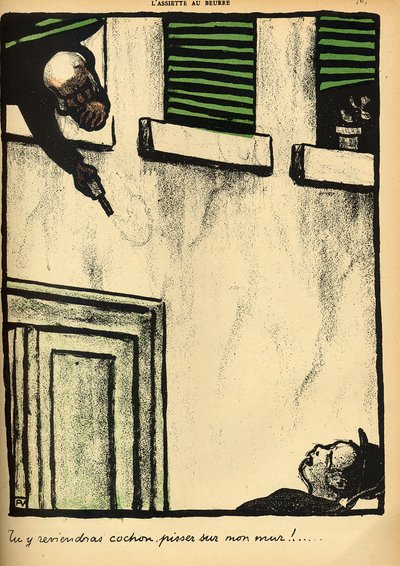 Um burguês dispara de sua janela em um transeunte, de "Crimes e Punições", edição especial de "L&39;Assiette au Beurre", 1 de março de 1902 de Felix Edouard Vallotton