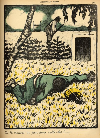 Um camponês atira em um vagabundo pego roubando ameixas de sua árvore, de "Crimes e Punições", edição especial de "L&39;Assiette au Beurre", 1 de março de 1902 de Felix Edouard Vallotton