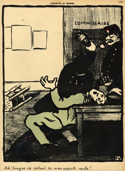 Um policial bate em um homem com uma garrafa em uma delegacia de polícia, de &39;Crimes e Punições&39;, edição especial do &39;L&39;Assiette au Beurre&39;, 1 de março de 1902 de Felix Edouard Vallotton