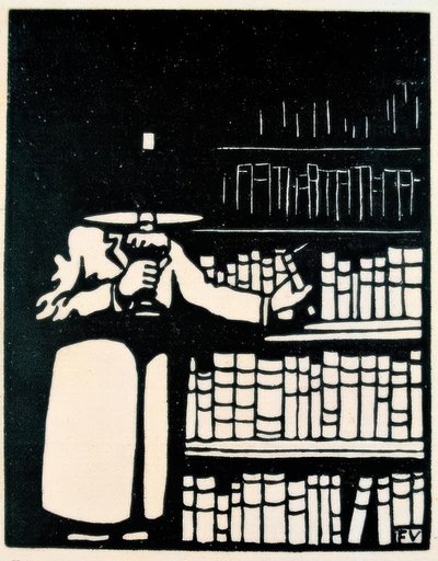 Amante de livro com lâmpada em sua biblioteca de Felix Edouard Vallotton