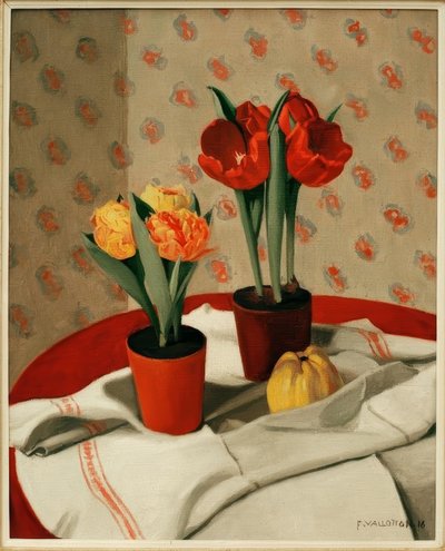 Dois potes de tulipas vermelhas e amarelas de Felix Edouard Vallotton