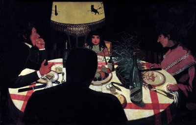 Jantar, efeito de lâmpada. A representação do pintor rodeia a sua mulher e os seus lindos filhos. Pintura de Felix Vallotton (1865-1925) Ec. Siga de Felix Edouard Vallotton