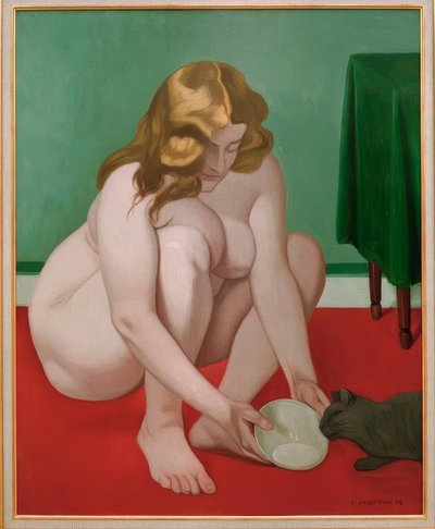 Cócoras mulher oferecendo leite para um gato de Felix Edouard Vallotton