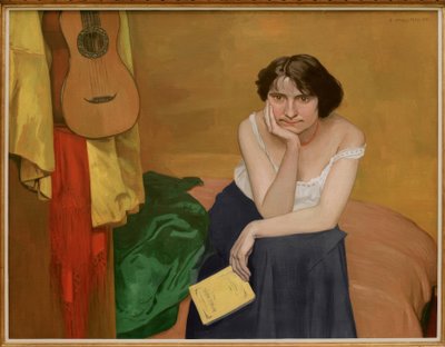Morena mulher sentada de bruços, com guitarra de Felix Edouard Vallotton