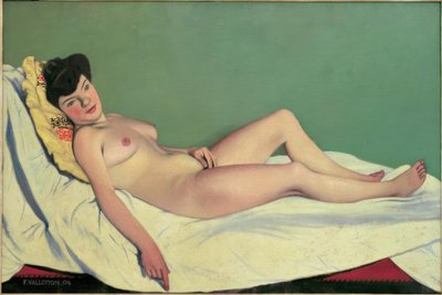 Mulher nua, deitado sobre uma folha branca, almofada amarela de Felix Edouard Vallotton