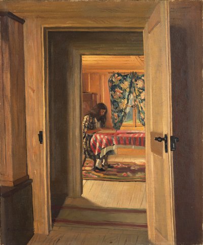 Interior com uma jovem garota escrevendo, 1905 de Felix Edouard Vallotton