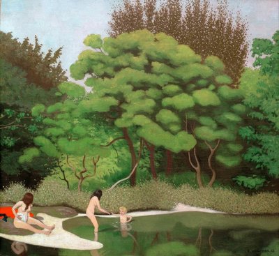 Paisagem ensolarada de vegetação rasteira, com duas mulheres e uma criança de Felix Edouard Vallotton