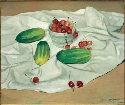 Três pepinos e um vaso branco com cerejas de Felix Edouard Vallotton