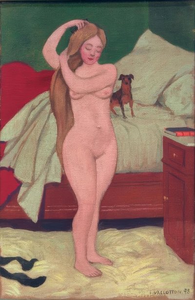 Nu feminino, penteando, interior de Felix Edouard Vallotton