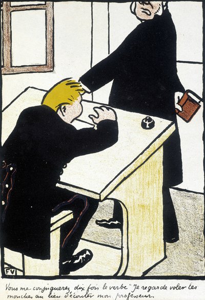 Você vai casar comigo dez vezes o verbo que eu vejo voar as moscas em vez de ouvir o meu professor" - "The Christian school" de Félix Vallotton, em "L