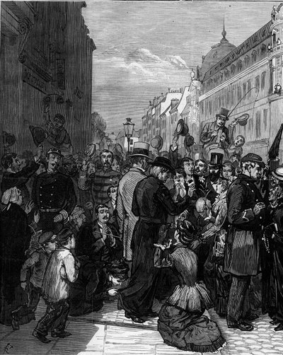 Deportação dos jesuítas da Rue de Sevres em Paris, na sequência dos decretos de Março de 1880 de Jules Ferry e da supressão do direito de ensinar membros de congregações religiosas não autorizadas: a população parisiense mostra-se solidária com a evictio de Felix Elie Regamey